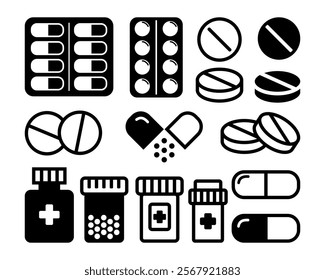 Medicine pills, tablets, capsules. Set of medicines of different forms. Pharmaceutical, medicinal preparations. Vector illustration