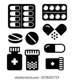 Medicine pills, tablets, capsules. Set of medicines of different forms. Pharmaceutical, medicinal preparations. Vector illustration