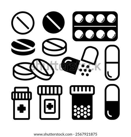 Medicine pills, tablets, capsules. Set of medicines of different forms. Pharmaceutical, medicinal preparations. Vector illustration