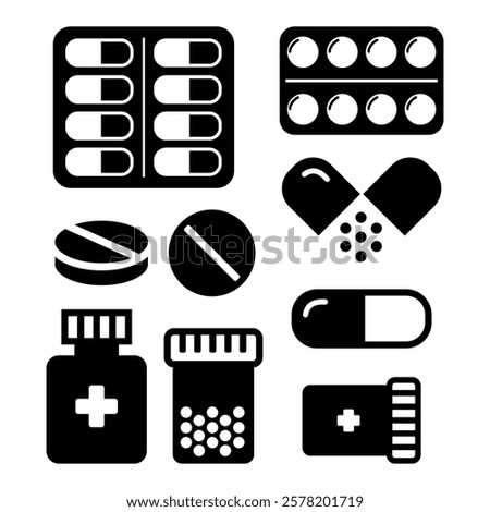 Medicine pills, tablets, capsules. Set of medicines of different forms. Pharmaceutical, medicinal preparations. Vector illustration