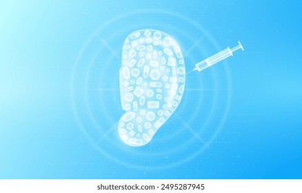 Medicine pills various in ear human and syringe. Overtreatment with antibiotics can have harmful effects on the organs. Medical science health care concept. Vector EPS10.