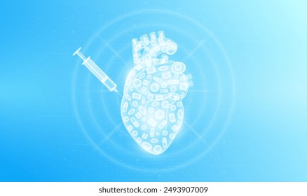 Medicine pills various in heart human and syringe. Overtreatment with antibiotics can have harmful effects on the organs. Medical science health care concept. Vector EPS10.