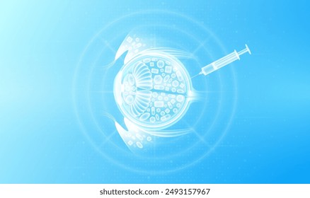 Medicine pills various kinds in eyeball human and syringe. Overtreatment with antibiotics can have harmful effects on the organs. Medical science health care concept. Vector EPS10.