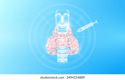 Medicine pills various kinds in thyroid human and syringe. Overtreatment with antibiotics can have harmful effects on the organs. Medical science health care concept. Vector EPS10.