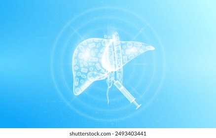 Medicine pills various in liver human and syringe. Overtreatment with antibiotics can have harmful effects on the organs. Medical science health care concept. Vector EPS10.