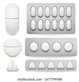 Medicine pills. Vector illustration set, tablets in pack. Medical pharmaceutical, pharmacy pill antibiotic