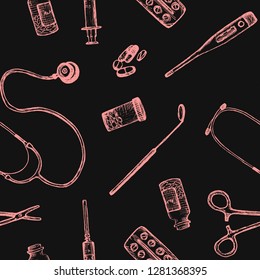 medicine - pink seamless pattern with hand-drawn elements