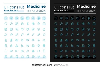 Iconos ui lineales de gradiente de píxeles perfectos de medicina establecidos para el modo oscuro y claro. Tratamiento médico. Contorno de línea símbolos de interfaz de usuario. Pictogramas de estilo moderno. Ilustraciones de contorno aisladas de vectores