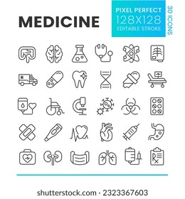 Juego de iconos lineales perfectos para píxeles de medicina. Servicio médico. Primeros auxilios. Tratamiento de la enfermedad. Símbolos de línea delgada personalizables. Ilustraciones aisladas del contorno vectorial. Trazo editable. Fuente de Poppins utilizada