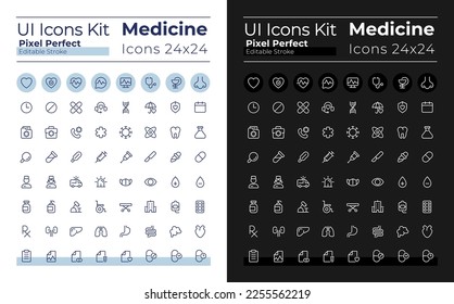 Mediine Pixel perfekte lineare i Icons gesetzt für dunklen, hellen Modus. Medizinische Behandlung. Umrissene Benutzeroberflächen für Nacht, Tagesthemen. Bearbeitbarer Strich. Montserrat fett, verwendete leichte Schriftarten