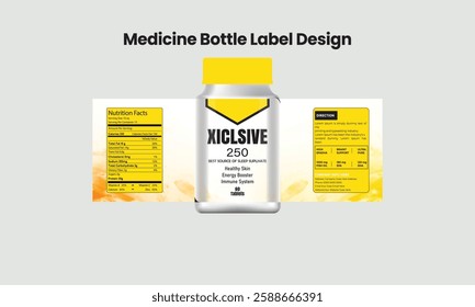 Medicine plastic bottle label packaging design featuring product branding, nutritional facts, and supplement benefits for health, energy, and immunity.