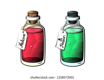 Medicine and poison glass bottles in bright colors