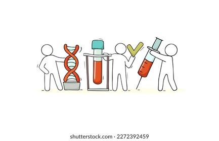 Afiche médico con molécula de adn, tubo de ensayo, jeringa. Concepto de transfusión de sangre, análisis de laboratorio, investigación de la ciencia médica con gente de doodle tierno, ilustración de la mano vectorial