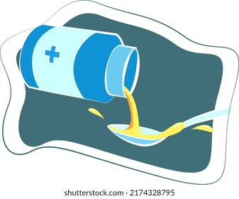 medicine is poured into a spoon, treatment, dosage, cough syrup, color illustration, drops, minimalism