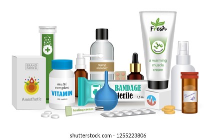 Medicine preparation collection. Bottles of drugs, tablets, capsules and sprays. Pharmacological set. Vector illustration.