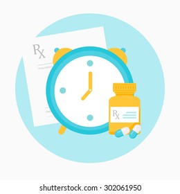 Medicine Prescription, Clock and Bottle with Pills Illustration. 