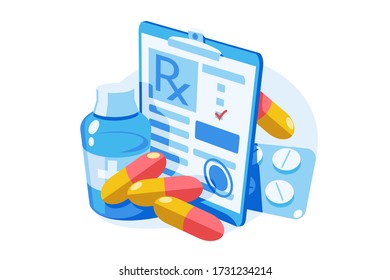 Medicine prescription with medicines vector illustration. Clipboard with recipe bottle with potion, pills, capsules and tablets flat style design. Isolated on white background