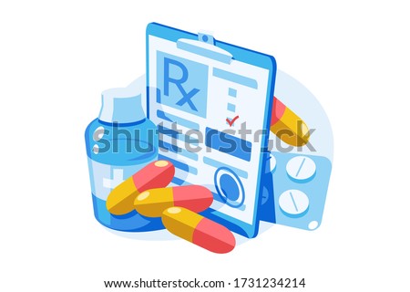 Medicine prescription with medicines vector illustration. Clipboard with recipe bottle with potion, pills, capsules and tablets flat style design. Isolated on white background