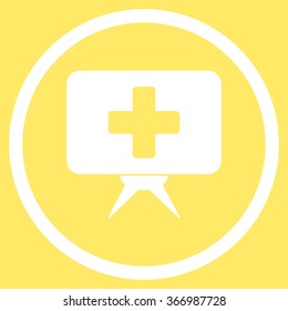 Medicine Presentation vector icon. Style is flat circled symbol, white color, rounded angles, yellow background.