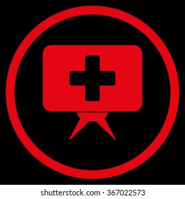 Medicine Presentation vector icon. Style is flat circled symbol, red color, rounded angles, black background.