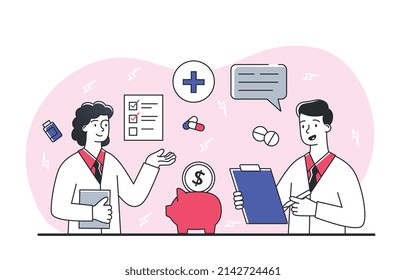 Medicine price concept. Man and girl determine price of medicines. Pharmacists do inventory in warehouse. Advertising poster or banner, health care metaphor. Cartoon flat vector illustration