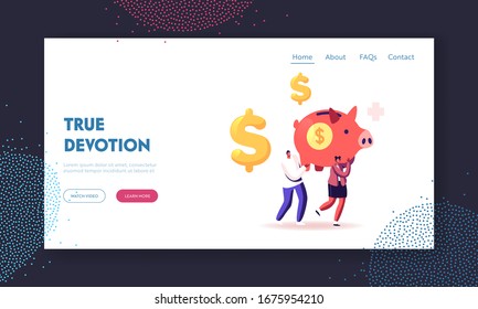 Medicine Price Landing Page Template. Man and Woman Carry Huge Piggy Bank with Dollar Sign and Medical Corss. People Saving Money, Health Care. Family Finance Budget. Cartoon Vector Illustration