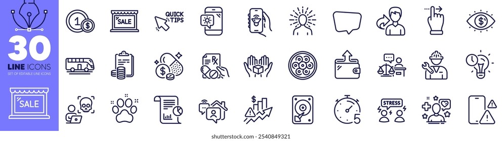 Medicine price, Phone warning and Hdd line icons pack. Prescription drugs, Accounting, Quick tips web icon. Business vision, Timer, Report pictogram. Wallet, Cyber attack, Usd coins. Vector