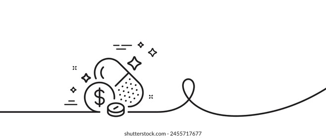 Medicine prices line icon. Continuous one line with curl. Medical pills price sign. Capsule or pill supplement symbol. Medicine price single outline ribbon. Loop curve pattern. Vector