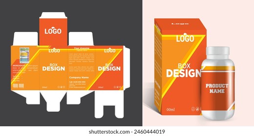 Medicine and product box packaging design with bottle label design and 3d mockup vector eps file format.