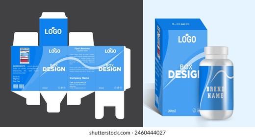 Medicine and product box packaging design with bottle label design and 3d mockup vector eps file format.