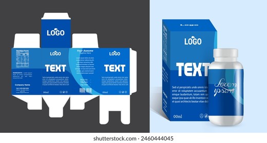 Medicine and product box packaging design with bottle label design and 3d mockup vector eps file format.