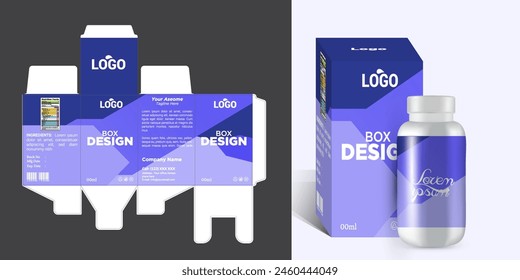 Medicine and product box packaging design with bottle label design and 3d mockup vector eps file format.