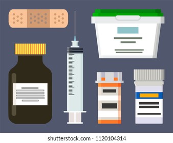 Medicine production icons set. Glass and plastic bottles containers with medicaments. Syringe and plaster for patients first aid vector illustration