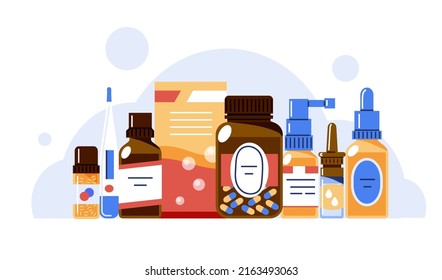 Medicine products in the pharmacy store on the shelves.Different packages of medical products in packages, bottles, vials on four shelves.Vector flat illustration isolated on white background