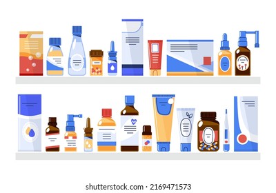 Medicine products in the pharmacy store on the shelves.Different packages of medical products in packages, bottles, vials on two shelves.Vector flat illustration isolated on white background