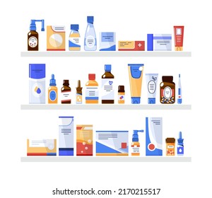 Medicine products in the pharmacy store on three shelves shelves.Various packages of medical products in packages, bottles, vials on three shelves.Vector flat illustration isolated on white background