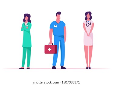 Medicine Profession, Occupation. Doctors and Nurses in Robe with Medical Tools Stand in Row Speaking and Communicating in Clinic. Hospital Healthcare Staff at Work. Cartoon Flat Vector Illustration