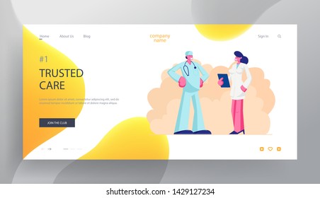 Medicine Profession Website Landing Page, Doctor in Medical Robe with Stethoscope Speaking with Nurse in Clinic, Hospital Healthcare Staff at Work, Web Page. Cartoon Flat Vector Illustration, Banner