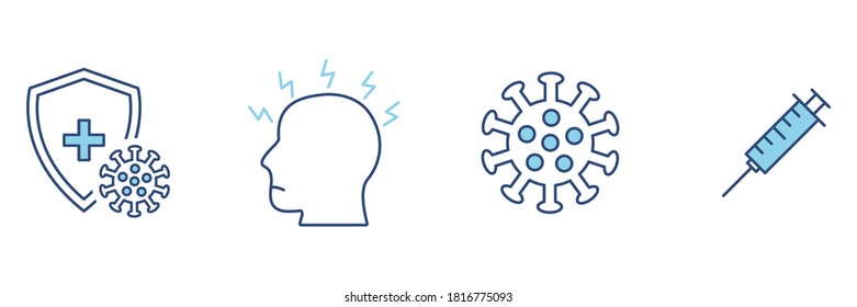 Medicine protection line blue set icons. Stop virus concept isolated on white. Protection medical elements from virus, air pollution, flu, dust illustration isolated on white.