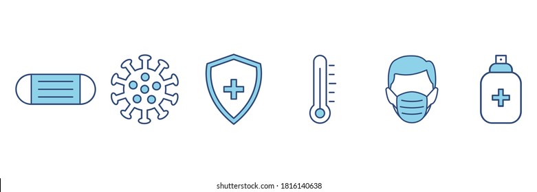 Medicine protection line set icons. Stop virus concept isolated on white. Protection medical elements from virus, air pollution, flu, dust illustration isolated on white.