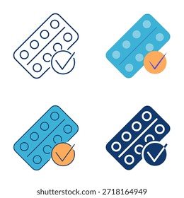 Conjunto de ícones de controle de qualidade de medicamento. Bolha de comprimidos com marca de seleção Ok. Ilustração vetorial