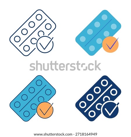 Medicine quality control icon set. Blister of pills with Ok checkmark. Vector illustration