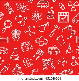Medicine, red background, seamless, contour icons, vector. White, line drawings, medical services and instruments on a red field. Vector background. 