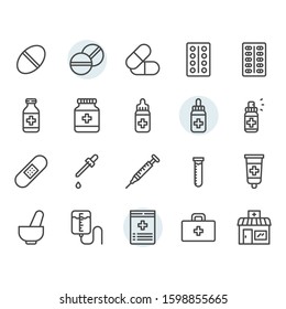 Medicine related icon and symbol set in outline design
