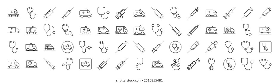 Medicine Related Outline Symbol Set. Contains Icons of Ambulance, Stethoscope, Syringe for Banners, Infographics, Books, Articles and Other Types of Design