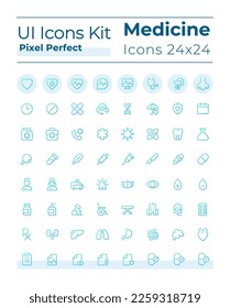 Medicine related pixel perfect gradient linear ui icons set. Healthcare. Hospital and clinic. Line contour user interface symbols. Modern style pictograms. Vector isolated outline illustrations