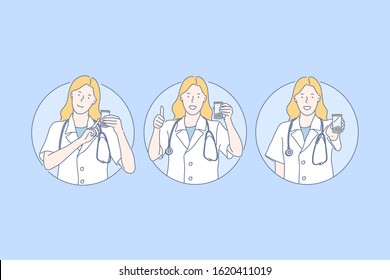 Medicine, remedy advert, healthcare set concept. Young contented doctor participates in remedy advert. Medical workers take care of peoples health. Remedy protects from deseases. Simple flat vector