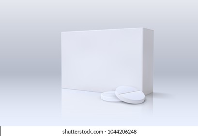 Medicine remedy package and tablets on light background. Vector realistic illustration. Healthcare or pharmaceutical concept. Medical antibiotics pills. Pharmacy product mockup. Packaging design