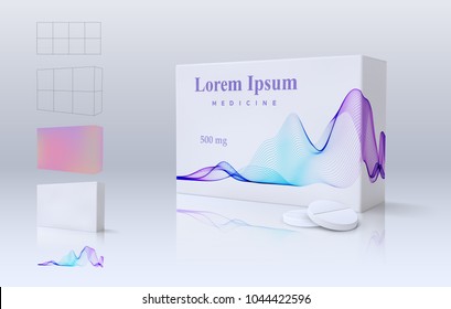 Medicine Remedy Package And Tablets On Light Background. Vector Realistic Illustration. Medical Pills Pack With Color Wave. Pharmacy Packaging Product Mockup With Distortion Mesh Grid To Place Design.