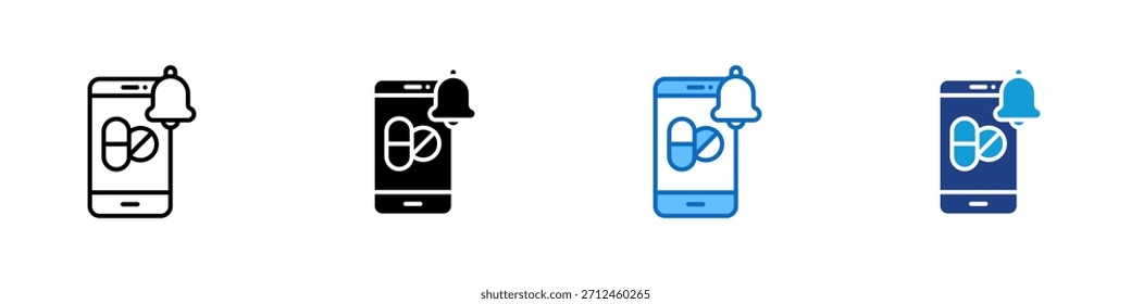 Medizin Erinnerung Multiple Style Icon Design Vektor - Smartphone mit Pille und Benachrichtigung Glocke, symbolisiert Gesundheit App für Medikamente Erinnerung